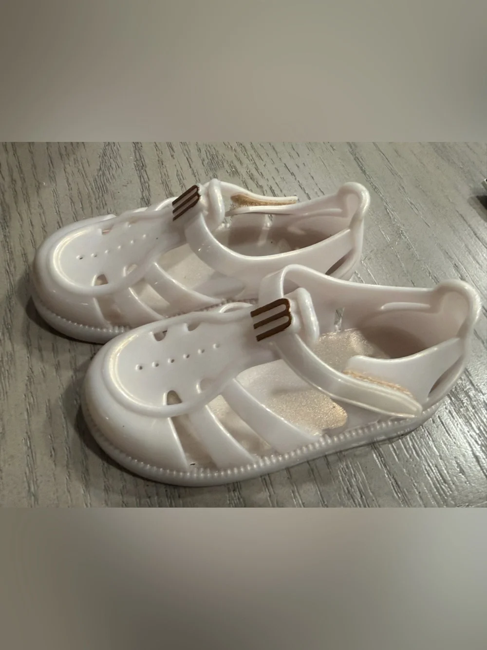 Mini Melissa White Jelly Sandals with Gold Accent